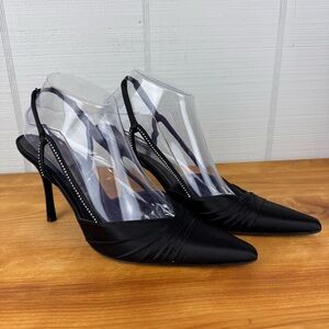 Richard Tyler Black Ruched Satin Pointed Toe Stiletto Heels Rhinestone Slingback